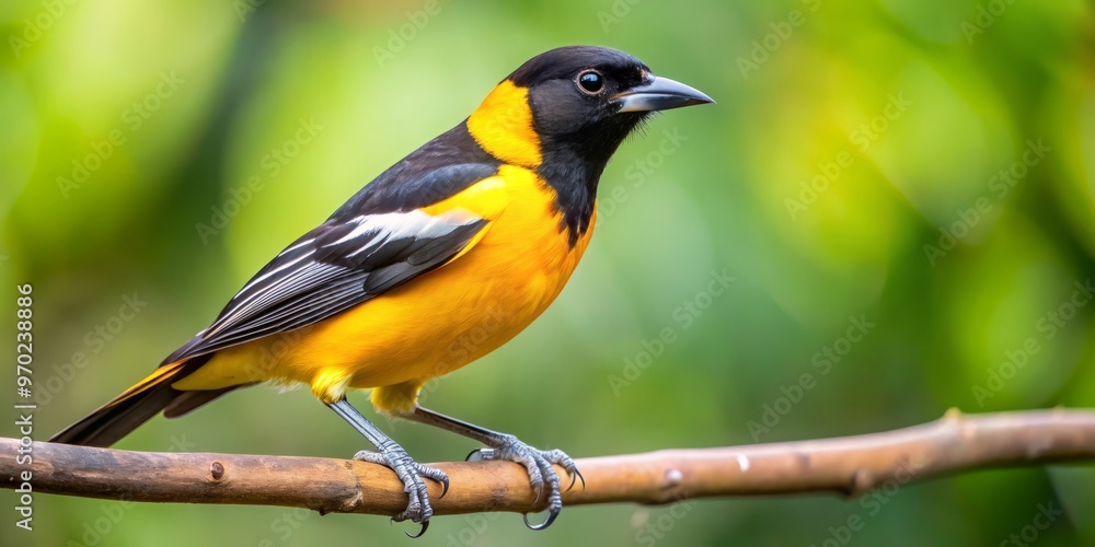 Naklejka premium A bird, black and yellow, takes its ease on a branch, its brilliant feathers and razor-sharp beak exquisitely