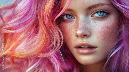 A closeup view of a portrait with lustrous, colorful hair and a silky texture, bringing out the finest beauty details with radiant shine.