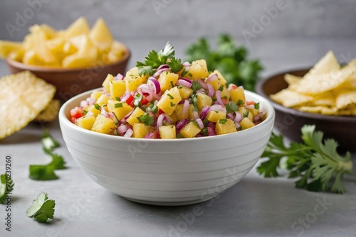 Pineapple Salsa: A small white bowl filled with pineapple salsa, featuring diced pineapple, red onion, cilantro, and jalapeño.