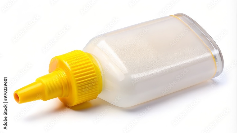 A clear bottle of glue is sitting on a white background, adorned with a yellow cap and ready A clear bottle of glue is sitting on a white background, adorned with a yellow cap and ready