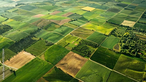 Aerial view of lush farmland in a vibrant patchwork displaying diverse crops and fields in the countryside during sunny weather