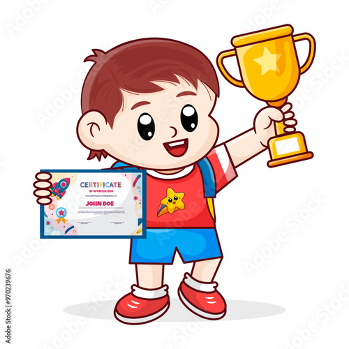 Cute Boy Carrying Trophy and Certificate at His School