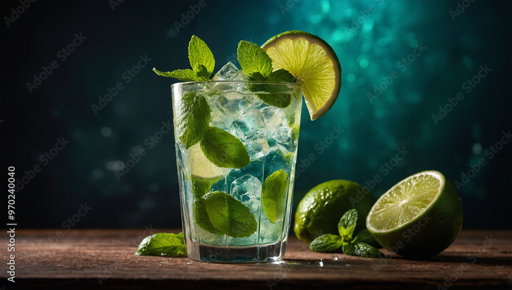 Fototapeta premium Chilled mojito cocktail with lime slices and mint leaves, dramatically backlit to emphasize the condensation on the glass.