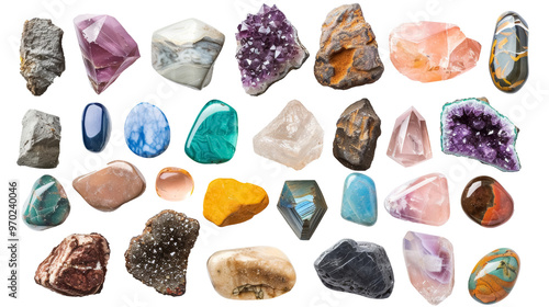 assorted colorful gemstones and minerals collection for jewelry and education isolated on transparent background