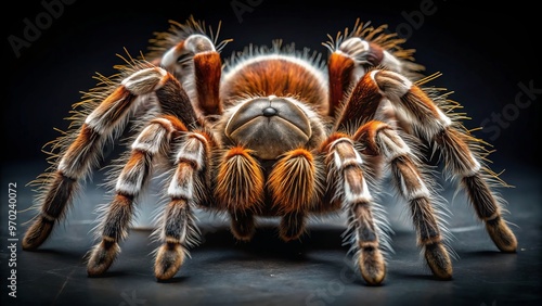 A darkened background provides the perfect backdrop for the Brazilian red and white tarantula, its hairy legs and