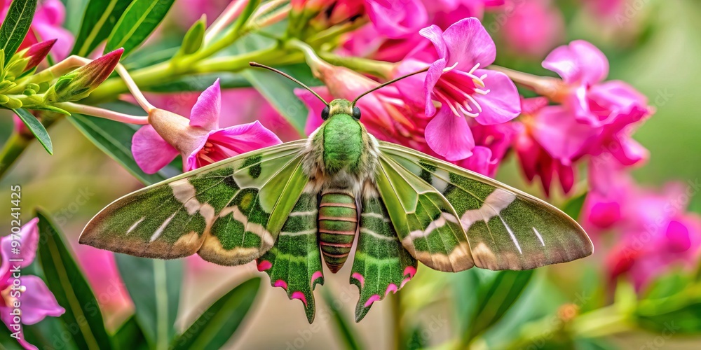 Obraz premium A green hawk moth with delicate patterns on its wings and a spotted body flutters near a cluster