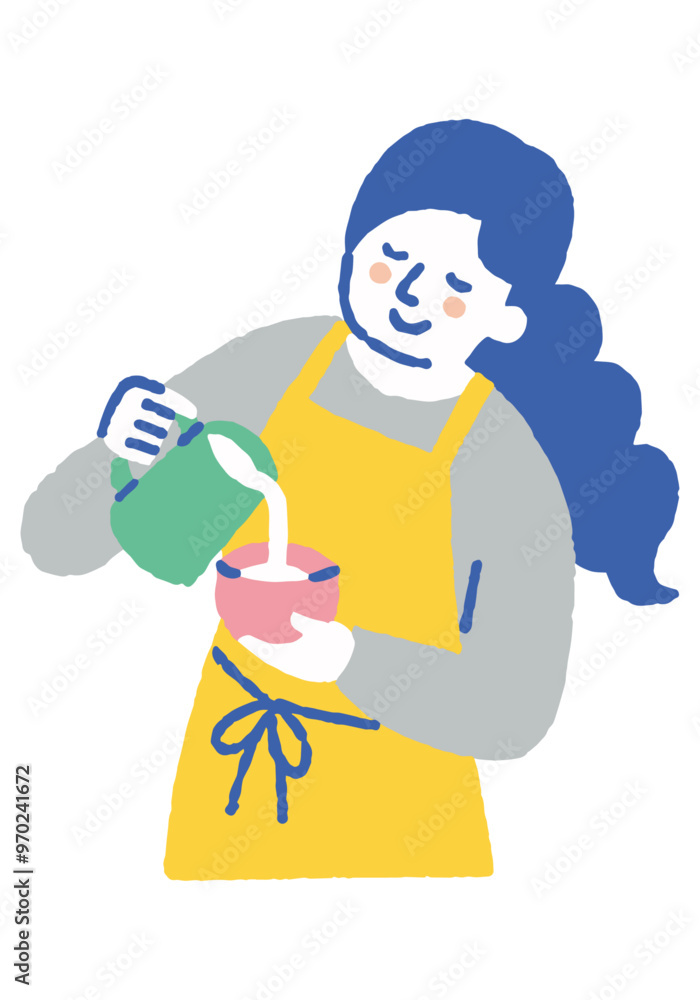 Woman pouring milk into a cup at a cafe_Color Woman pouring milk into a cup at a cafe_Color
