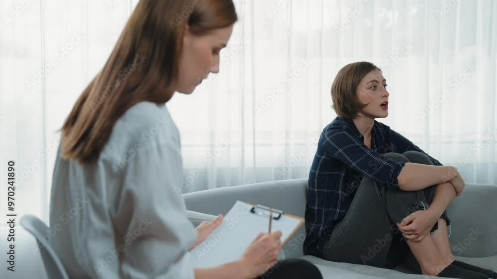Sad PTSD woman patient in therapy for mental health with psychologist, depression or grief after life failure. Frustrated trauma young woman talking to prim psychologist about emotion in clinic Sad PTSD woman patient in therapy for mental health with psychologist, depression or grief after life failure. Frustrated trauma young woman talking to prim psychologist about emotion in clinic