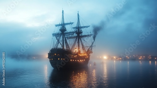 Cursed pirate ship anchored in a foggy harbor Halloween lights flickering along the deck