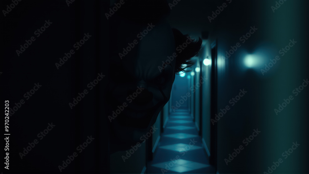 Halloween spooky clown hiding in dimly lit corridor Halloween spooky clown hiding in dimly lit corridor