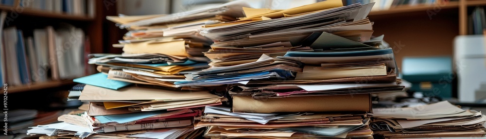 A chaotic stack of office documents, creating a visual of clutter and disarray in a busy work environment. A chaotic stack of office documents, creating a visual of clutter and disarray in a busy work environment.