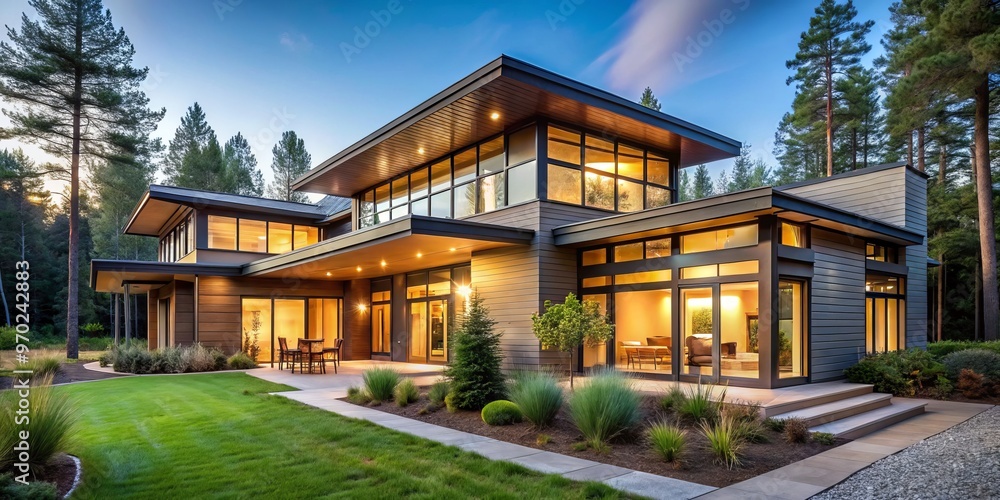Obraz premium * A modern homestead blends sustainability with clean lines and natural materials, bathed in light and boasting a