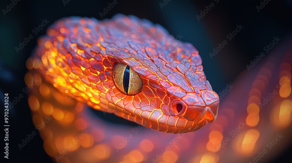 Closeup of a snake with scales aglow, creating a stunning visual of vibrant illumination and intricate detail. Closeup of a snake with scales aglow, creating a stunning visual of vibrant illumination and intricate detail.