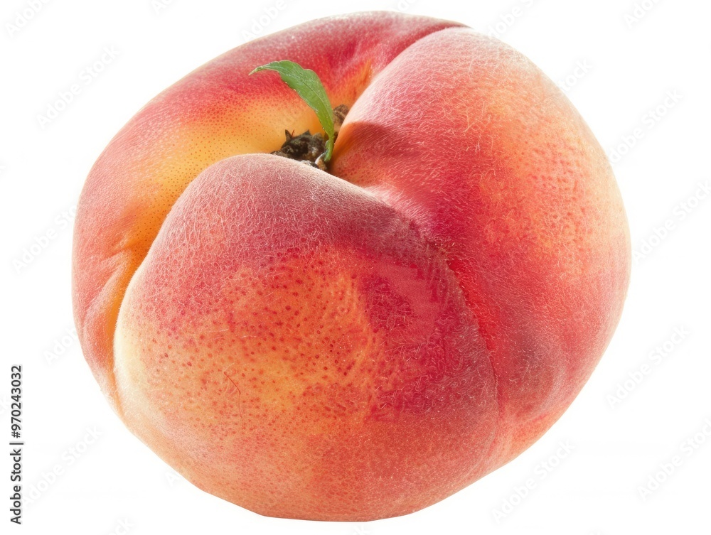 Close-up of a Fresh Peach with Soft Fuzzy Skin and a Single Green Leaf on a White Background Close-up of a Fresh Peach with Soft Fuzzy Skin and a Single Green Leaf on a White Background