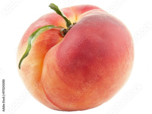 Wallpaper Mural Close-up of a Fresh Peach with Soft Fuzzy Skin and a Single Green Leaf on a White Background Torontodigital.ca