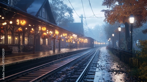 Eerie Halloween festival at an old train station glowing lights on the tracks