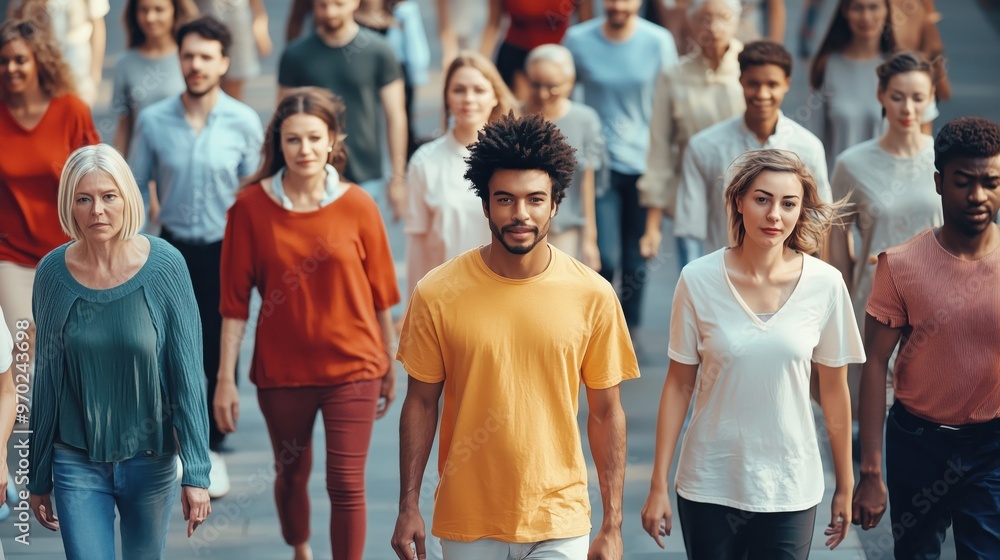 Fototapeta premium Diverse People of all colors, walking together, inclusive business mindset values dignity and respect for all individuals 