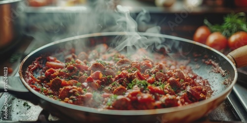 Cooking sausage tomato sauce in the pan to create a delicious ragout for pasta An authentic Italian lunch experience