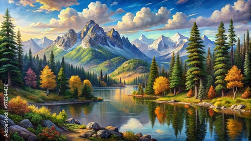 A serene landscape unfolds as the sun casts its warm glow on the majestic mountains, ancient trees, and