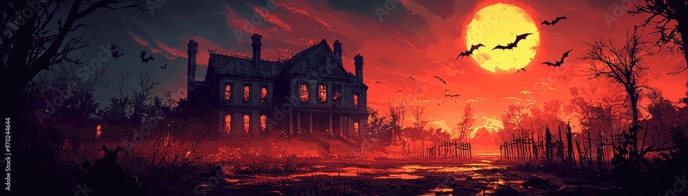 An ominous haunted mansion with bats swooping beneath a full moon, setting a chilling and eerie mood in a dark, atmospheric scene. An ominous haunted mansion with bats swooping beneath a full moon, setting a chilling and eerie mood in a dark, atmospheric scene.
