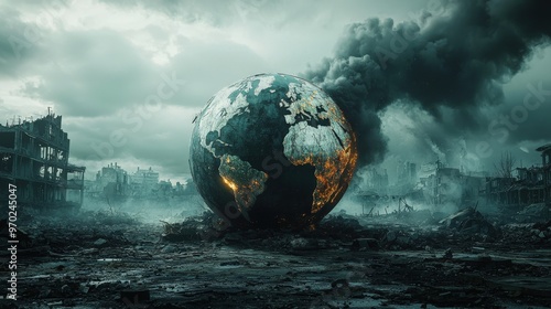 Apocalyptic Earth with a large, damaged globe in the midst of a desolate wasteland, surrounded by ruins and ominous smoke. photo