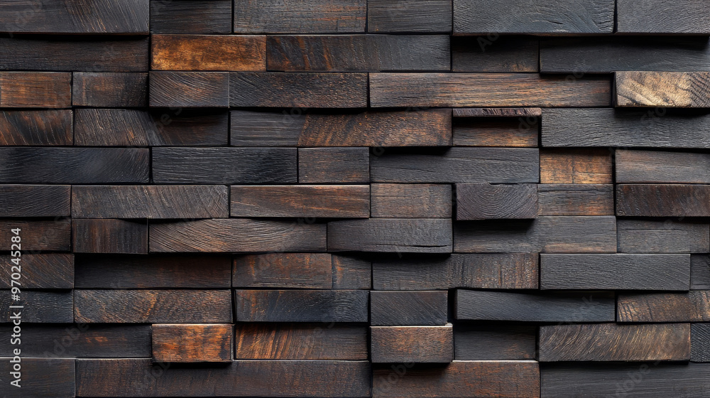 A wall of dark wood planks arranged in an irregular pattern A wall of dark wood planks arranged in an irregular pattern