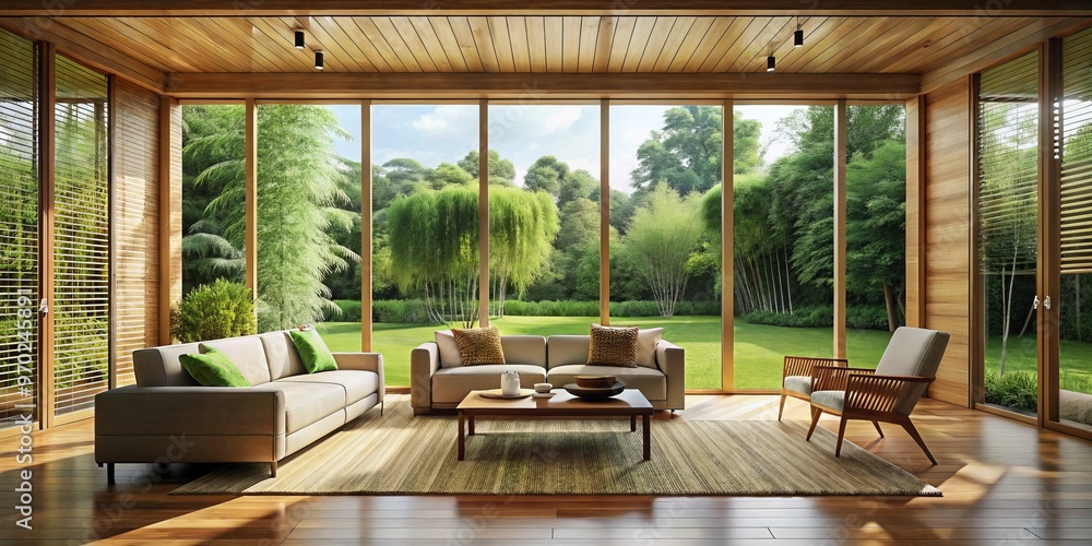 Fototapeta premium A spacious living room features a striking bamboo frame window, bathing the interior in natural light and offering