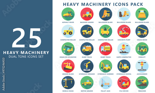Heavy equipment rounded multi color icon set, contain compactor, excavator, bulldozer, crane, loader, jackhammer and more. vector EPS 10. use for UI, UX, app and web constructions development.