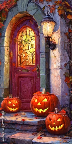 Glowing jack-o'-lanterns decorating the steps of a cozy porch with colorful autumn leaves.