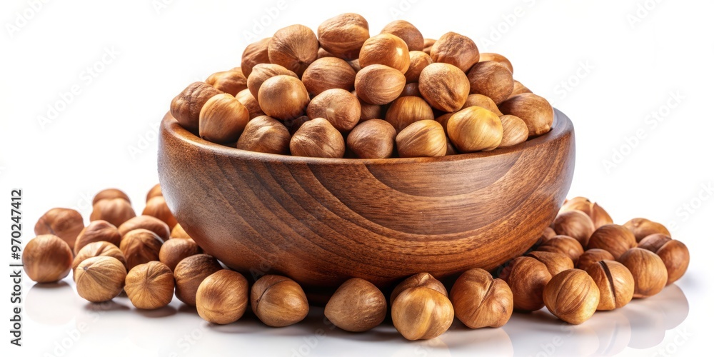 A torrent of brown charoli nuts bursts forth from the wooden bowl, scattering across the white canvas in A torrent of brown charoli nuts bursts forth from the wooden bowl, scattering across the white canvas in
