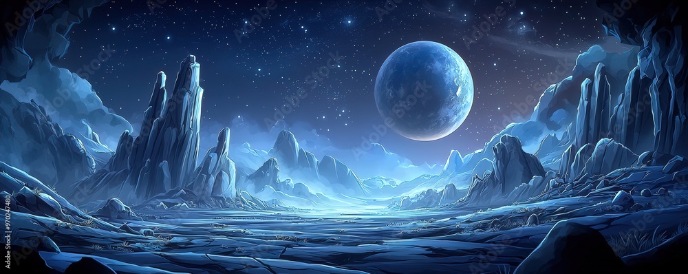 Surreal alien landscape with glacial terrain and sharp peaks set ...