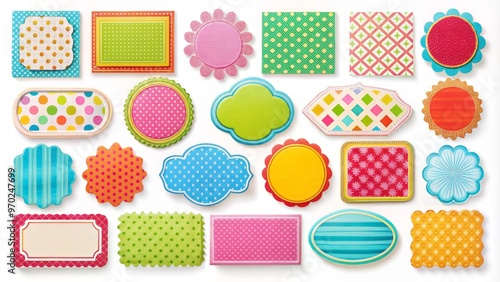 A vibrant array of decorative adhesive labels features playful shapes and borders against a crisp white backdrop, photo