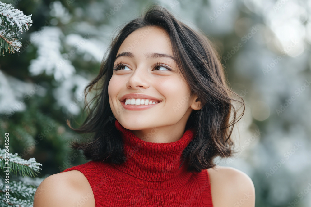 Australian girl wearing red knit sweater with copy space for christmas background Australian girl wearing red knit sweater with copy space for christmas background