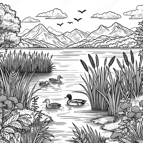 A tranquil lake surrounded by tall grasses, with ducks swimming coloring page 