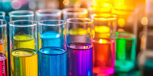 Colorful beakers with colorful liquid in a laboratory, generative AI