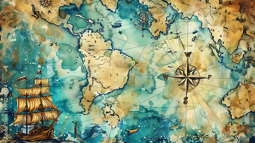 Map Pirate Watercolor art drawing style