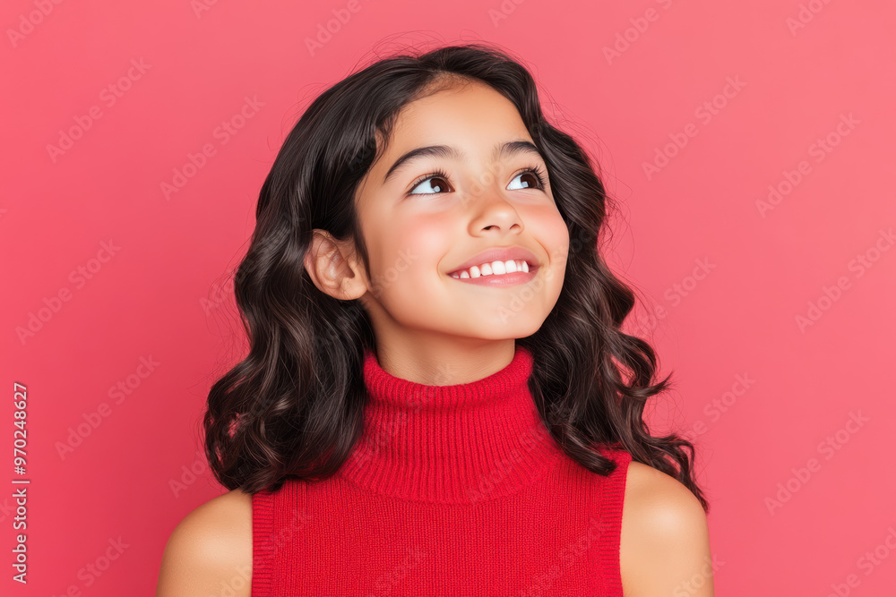 Hispanic girl wearing red knit sweater with copy space for christmas background Hispanic girl wearing red knit sweater with copy space for christmas background