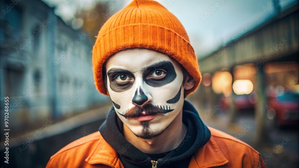 A youthful enthusiast with painted face, wild mustache, and vibrant beanie metamorphoses into a spine-tingling A youthful enthusiast with painted face, wild mustache, and vibrant beanie metamorphoses into a spine-tingling