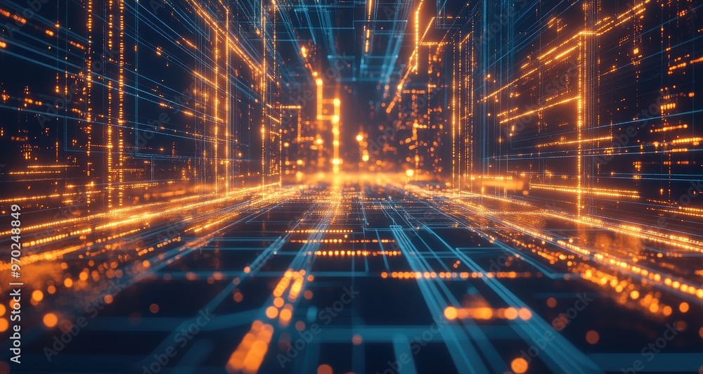 Naklejka premium Abstract digital city with glowing lines and grid pattern.