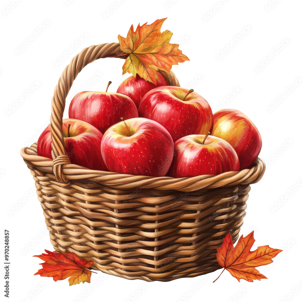A beautiful basket filled with fresh, crisp apples and vibrant autumn leaves, perfect for seasonal decor. A beautiful basket filled with fresh, crisp apples and vibrant autumn leaves, perfect for seasonal decor.