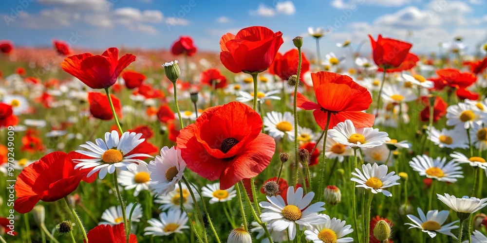 Obraz premium Blooming red poppies and white daisies adorn a lush green field, bursting with vibrant color and cheerful charm,