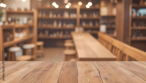 Lofty chill restaurant with wooden table and Depth of field , blurred background 