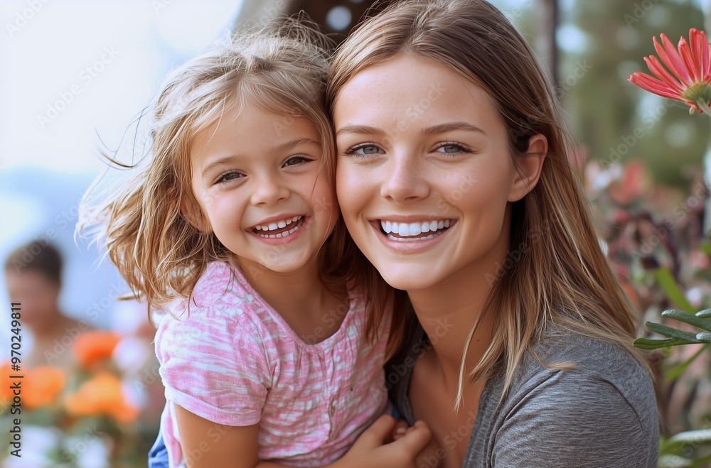 Fototapeta premium Happy attractive mother hugging her little daughter and looking at camera