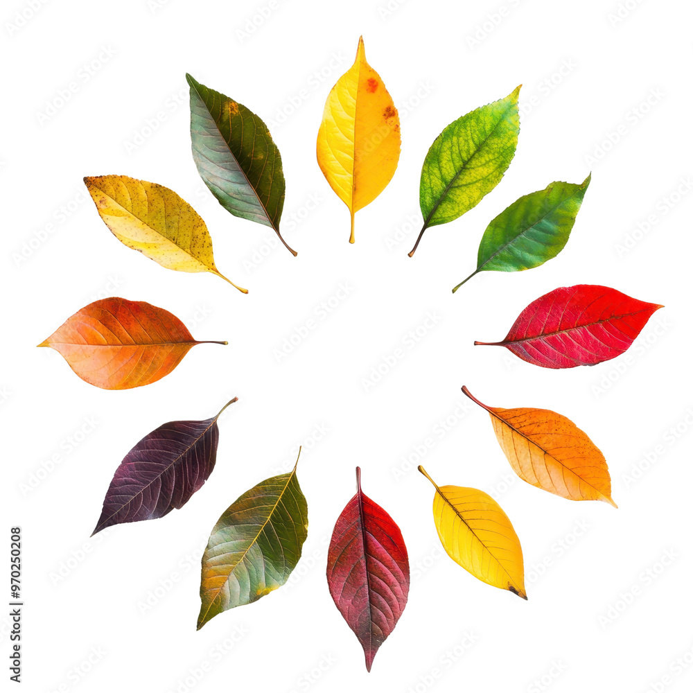 Obraz premium A vibrant arrangement of colorful leaves, showcasing the beauty of nature in autumn with rich hues and diverse shapes.