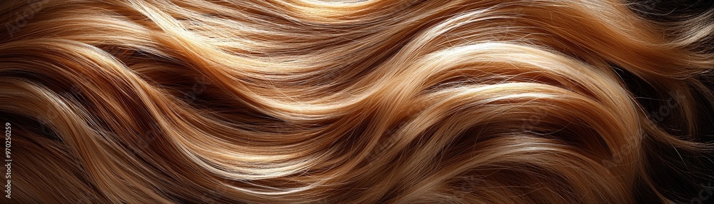 Naklejka premium Luxurious layered hair with smooth, flowing strands, shimmering with glossy highlights, showcasing warmth and elegance in a beauty-inspired setting.