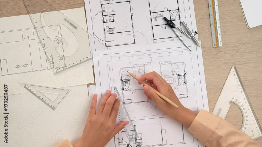 Video of clever architect or smart engineer using measurement tool and pencil hand writing a detail on blueprint for construction accuracy at architectural office. Focus on hand. Closeup. Delineation. Video of clever architect or smart engineer using measurement tool and pencil hand writing a detail on blueprint for construction accuracy at architectural office. Focus on hand. Closeup. Delineation.