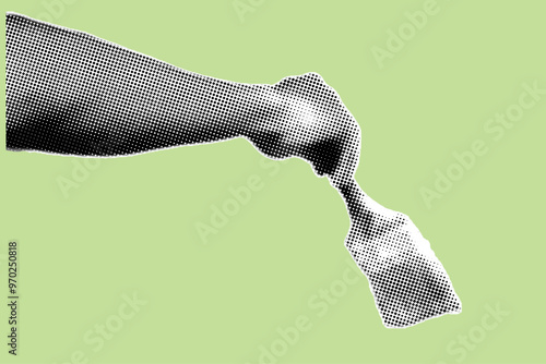 close up of hand holding paintbrush pixelate color halftone dotted texture style collage element isolated on green background