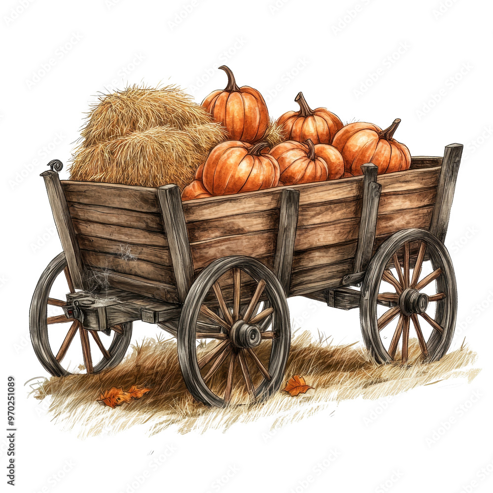 Rustic wooden cart filled with vibrant pumpkins and hay, perfect for autumn harvest scenes and seasonal decorations. Rustic wooden cart filled with vibrant pumpkins and hay, perfect for autumn harvest scenes and seasonal decorations.