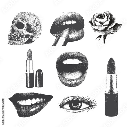 Lipstick, flower, mouth, Eyes, with halftone stipple effect, for grunge punk y2k collage design, with monochrome photocopy effect,