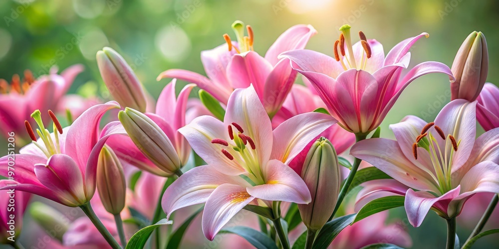 Delicate pink lilies sway in the breeze, petals unfurling like tiny ballerinas against a soft, creamy background, Delicate pink lilies sway in the breeze, petals unfurling like tiny ballerinas against a soft, creamy background,